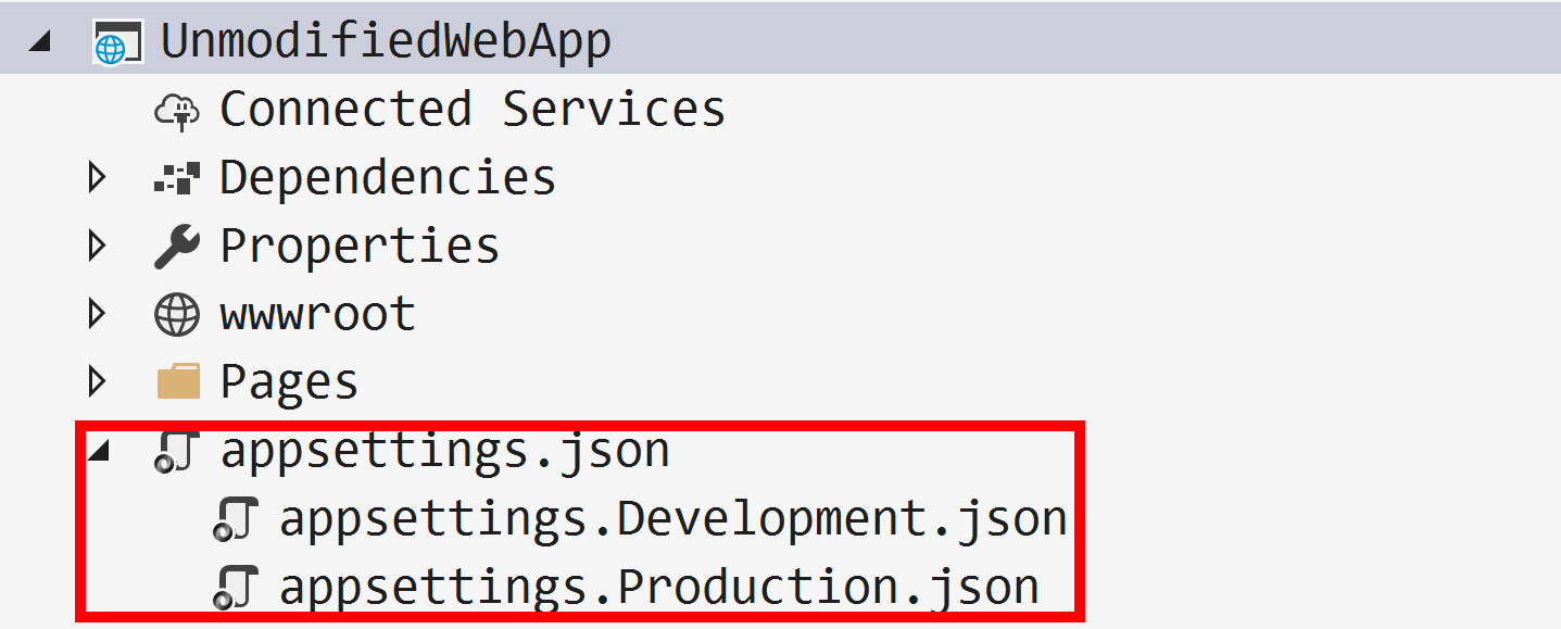 image from visual studio showing nested appsettings