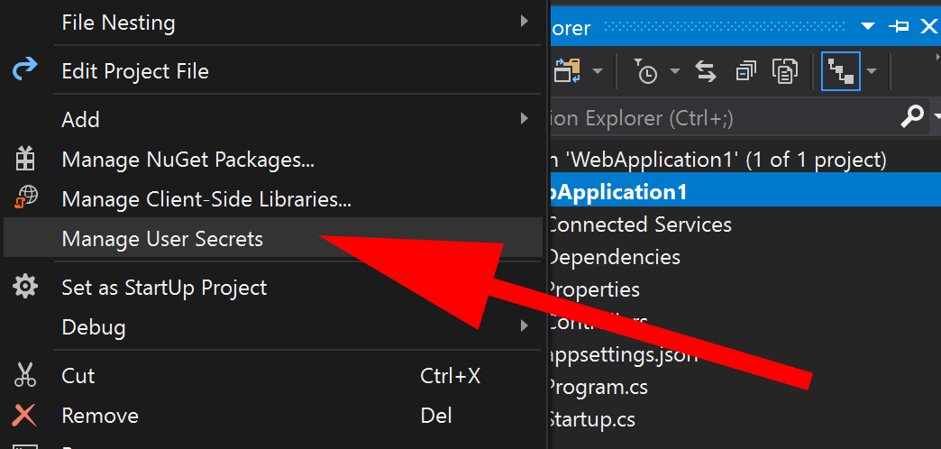 image showing User Secrets menu option