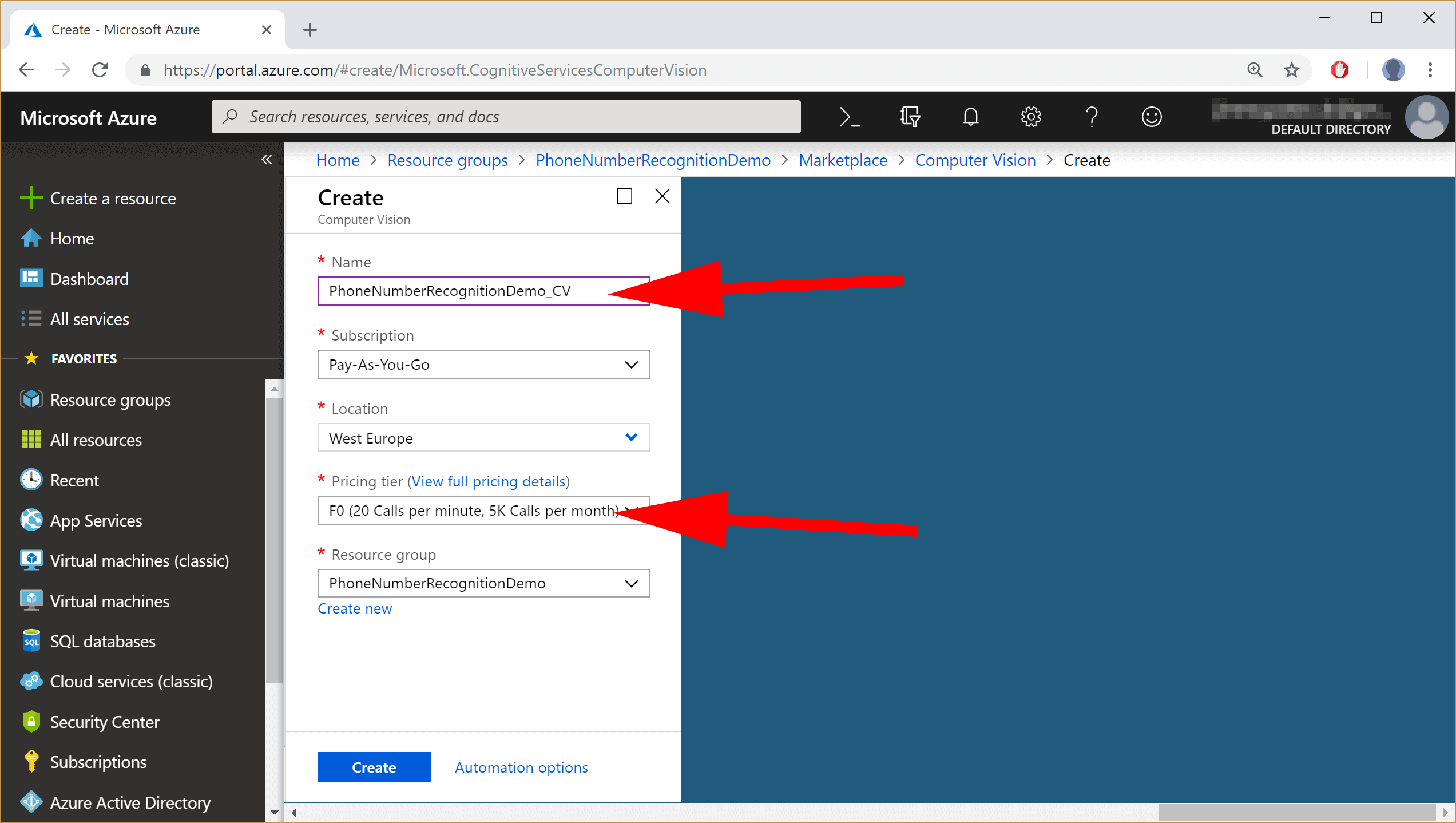 image showing the selection of the free tier in Azure Portal