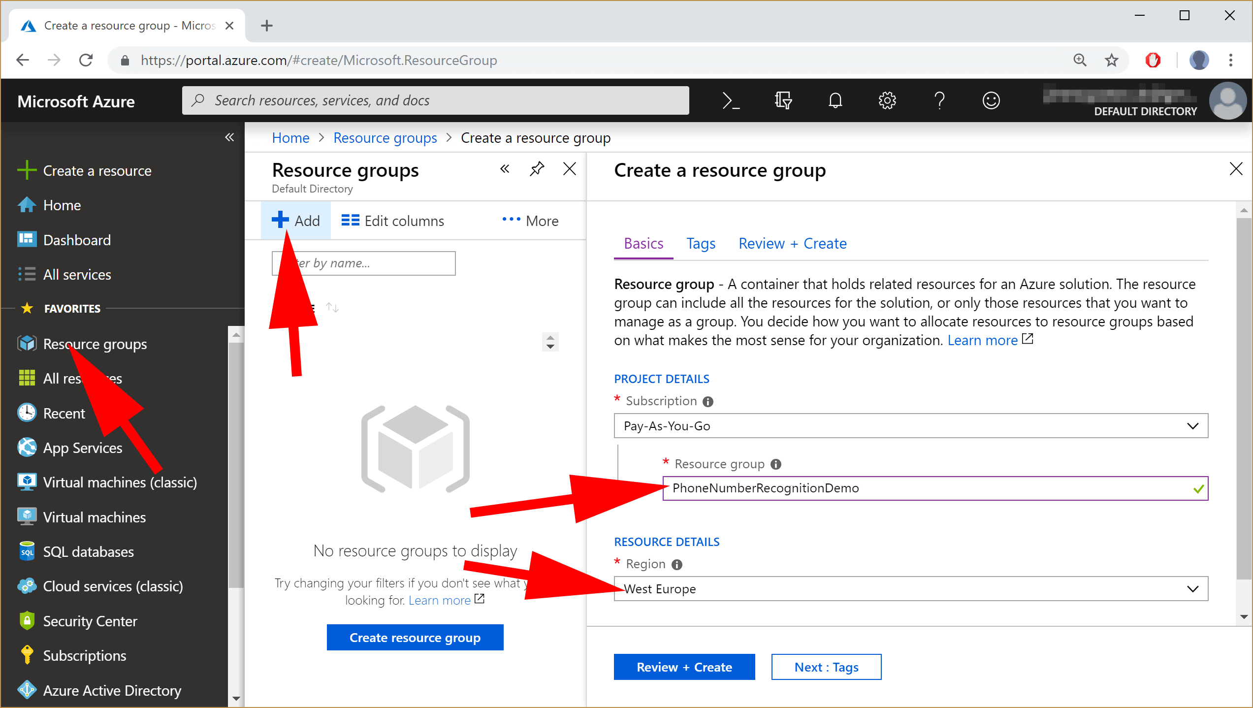 image showing Creating Resource Group in Azure