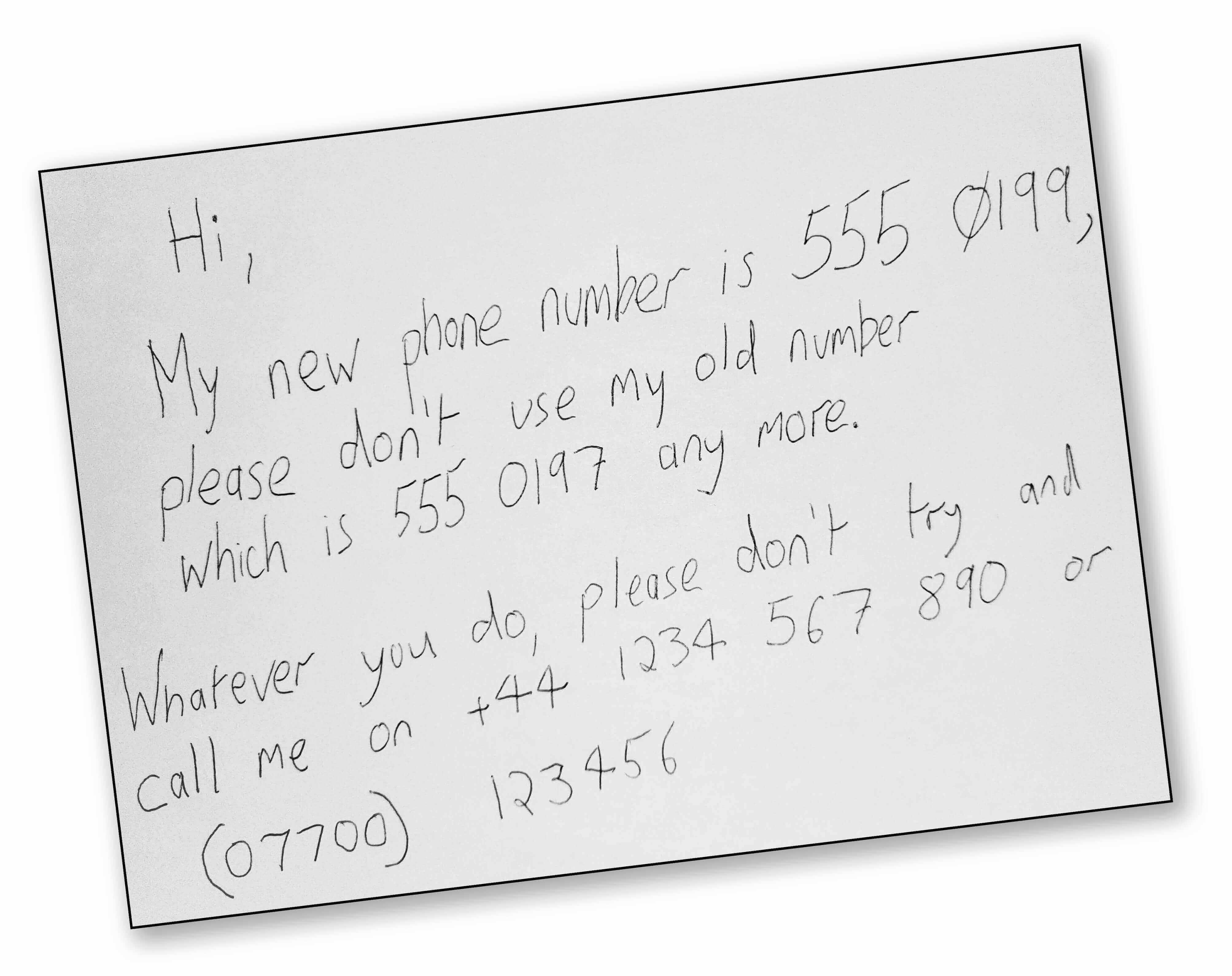 image showing handwritten phone number testing text