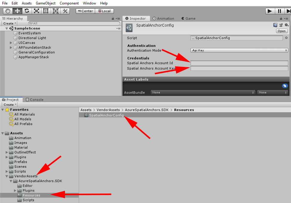 screenshot showing adding asa credentials to unity spatial anchor config object