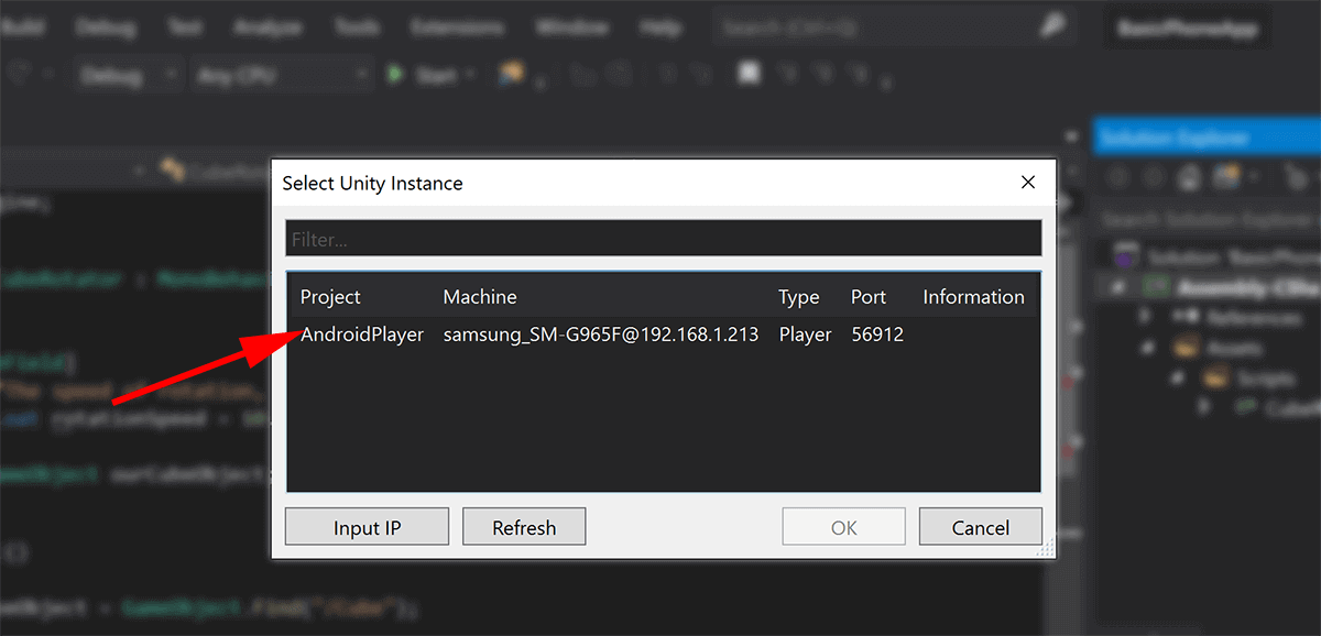 screenshot attaching unity debugger
