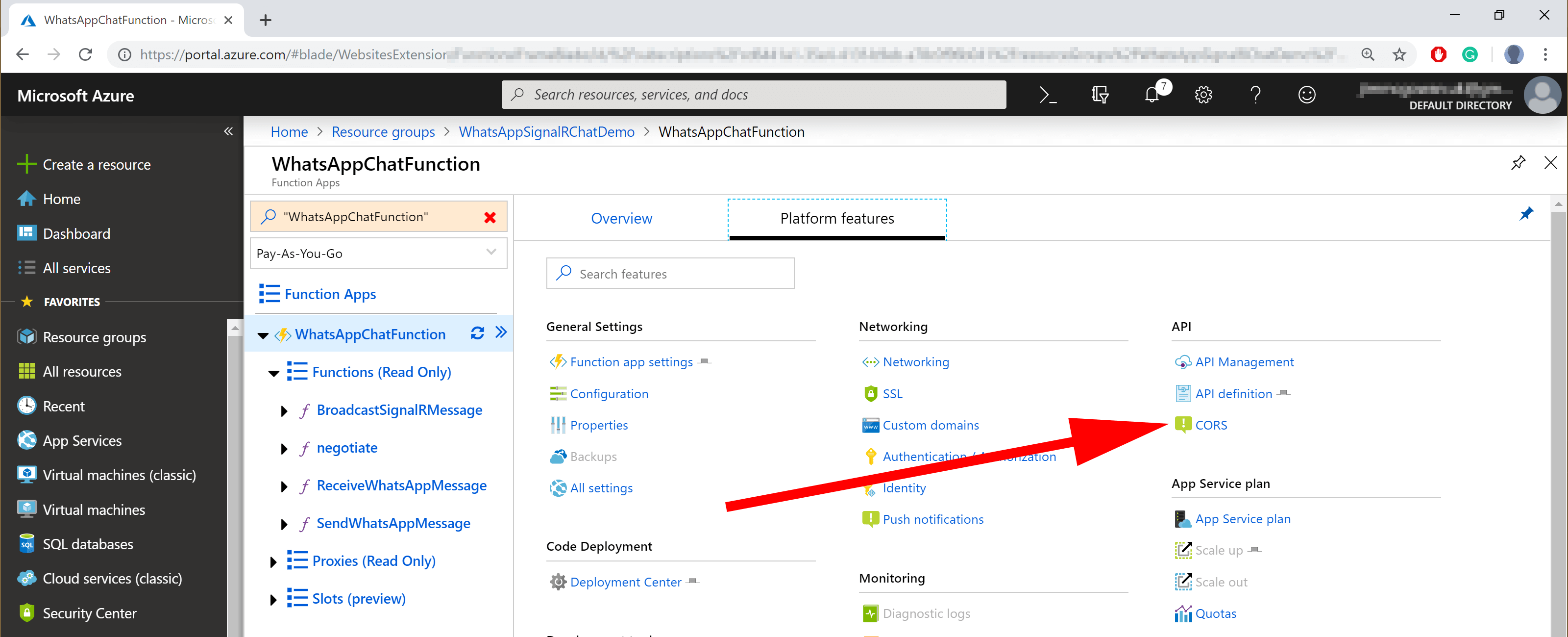 image showing azure function cors selector