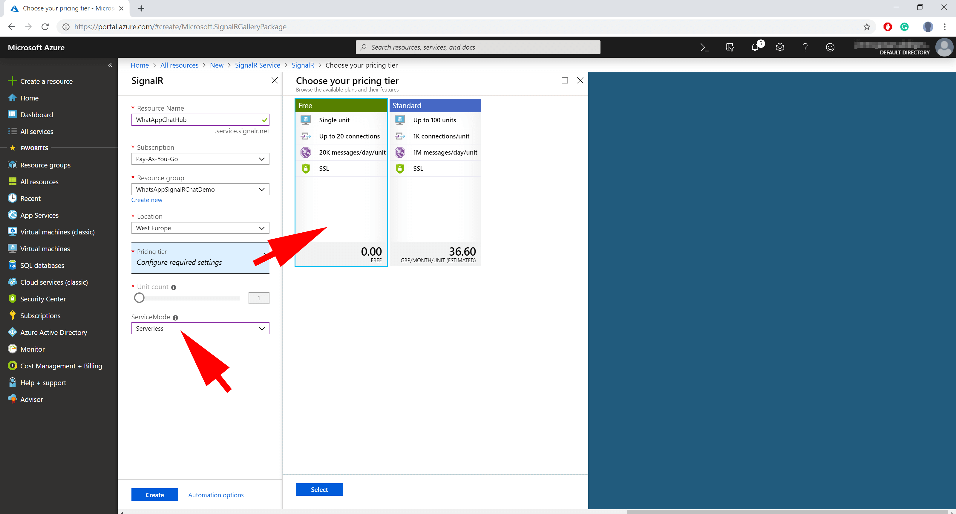 screenshot showing azure signalr service creation
