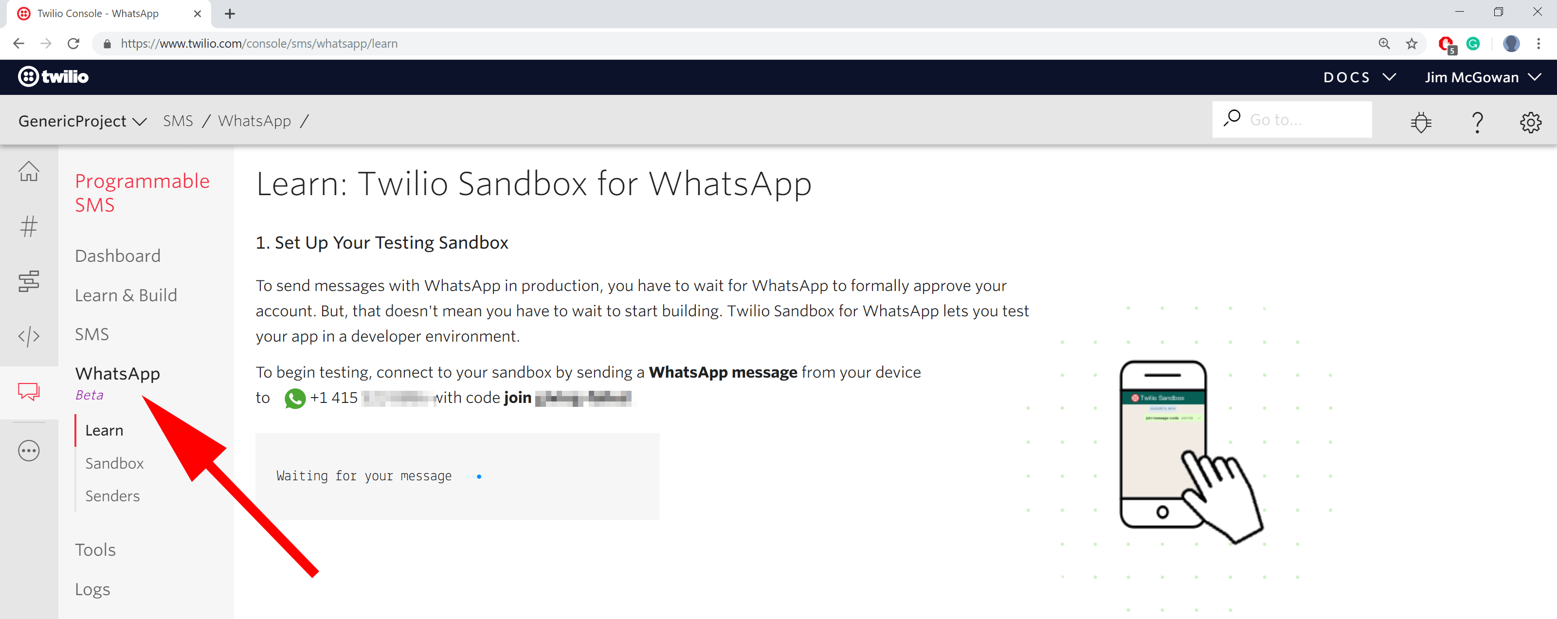 screenshot showing twilio pinning sms to dashboard