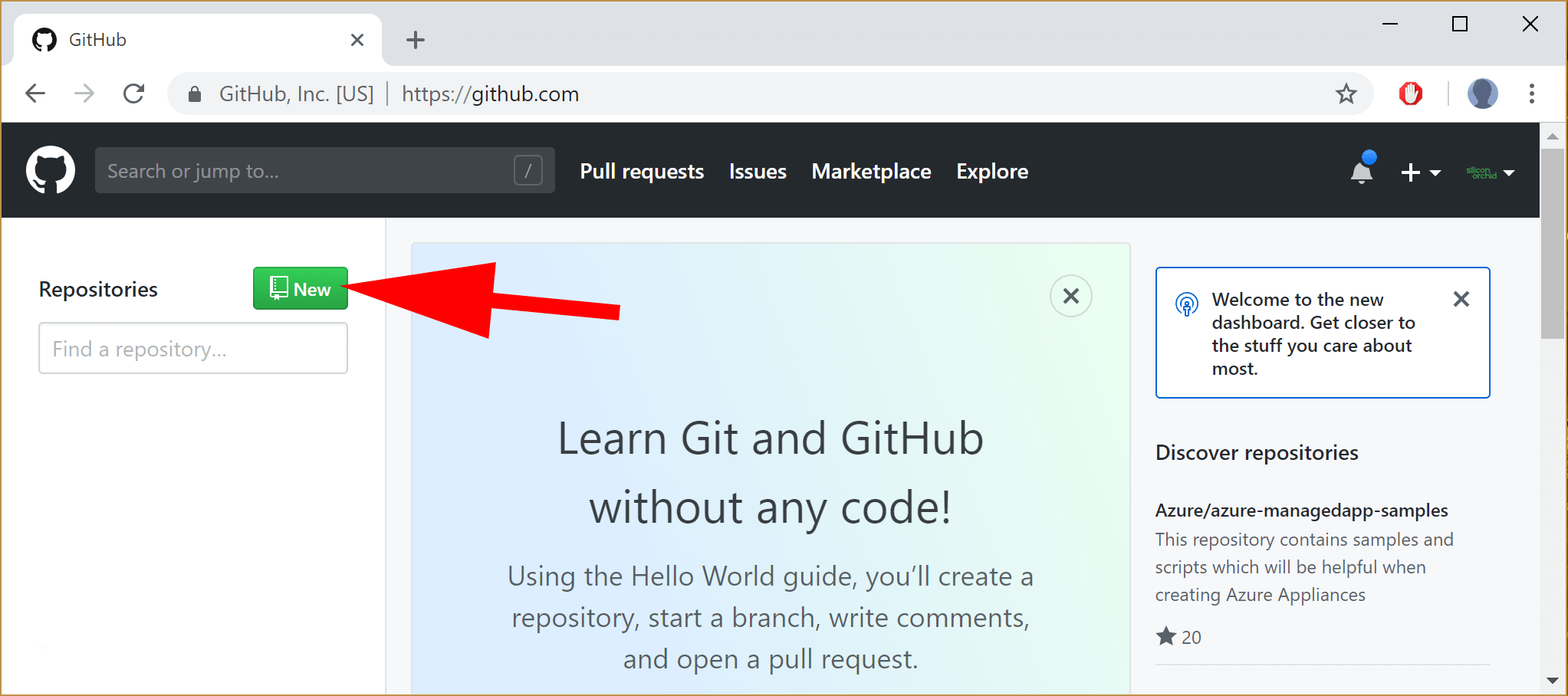 image showing GitHub new Repo button