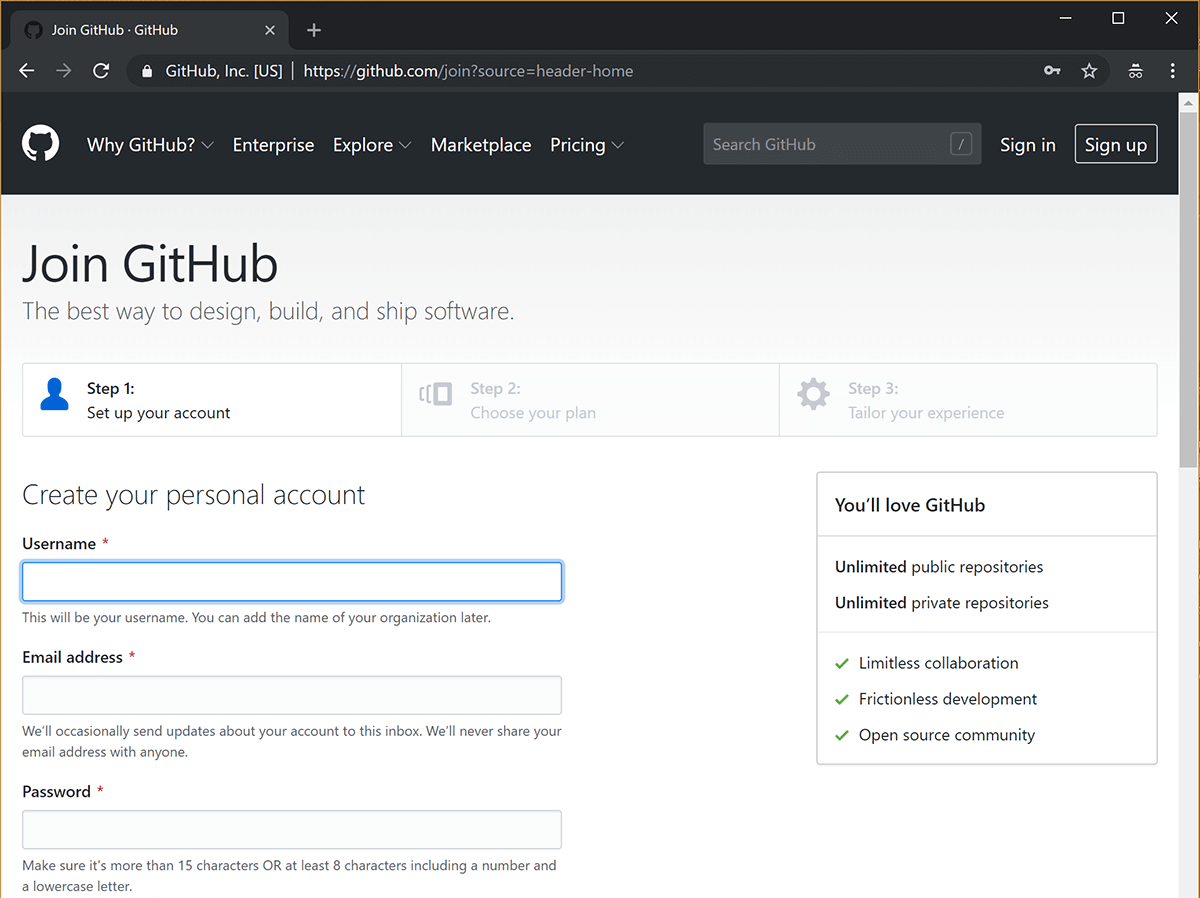image showing GitHub signup page