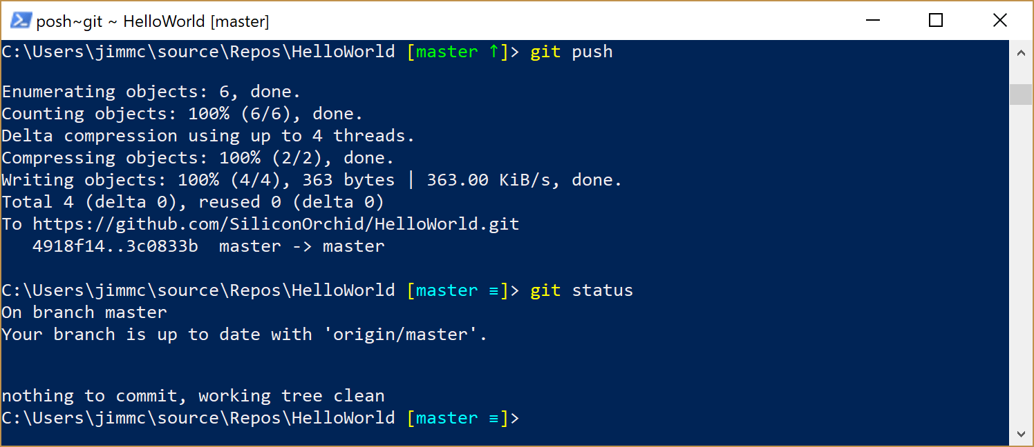 image showing Git status after push