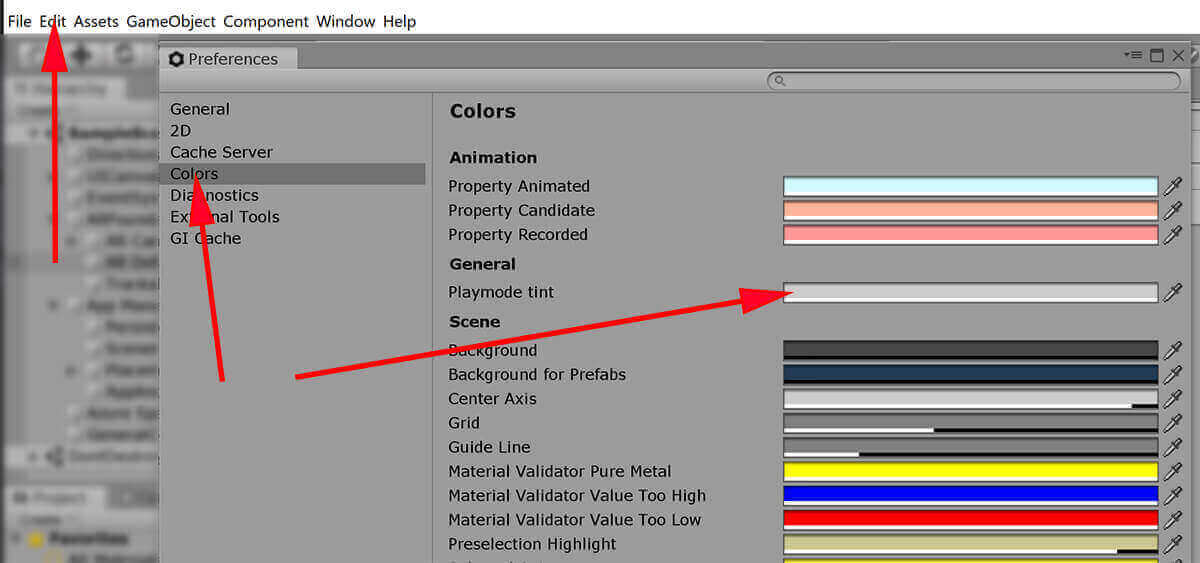 screenshot of Unity playmode tint preference setting