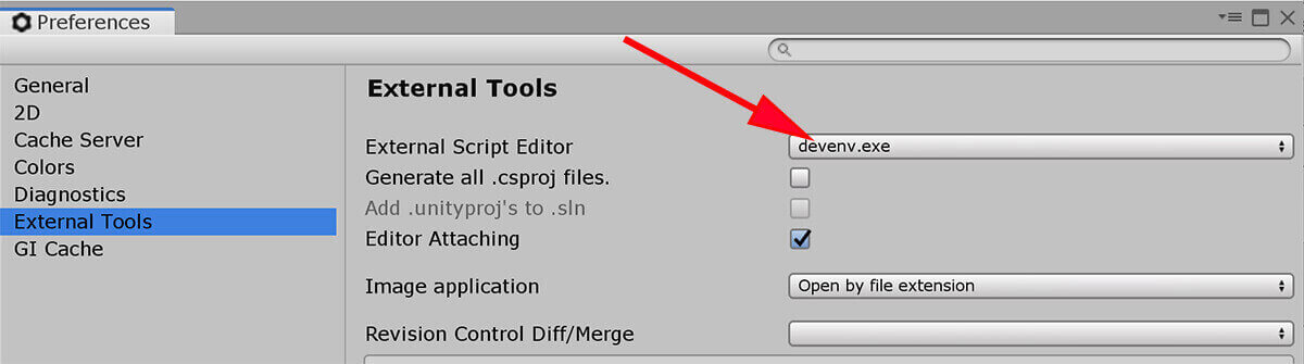 screenshot of Unity default code editor setting
