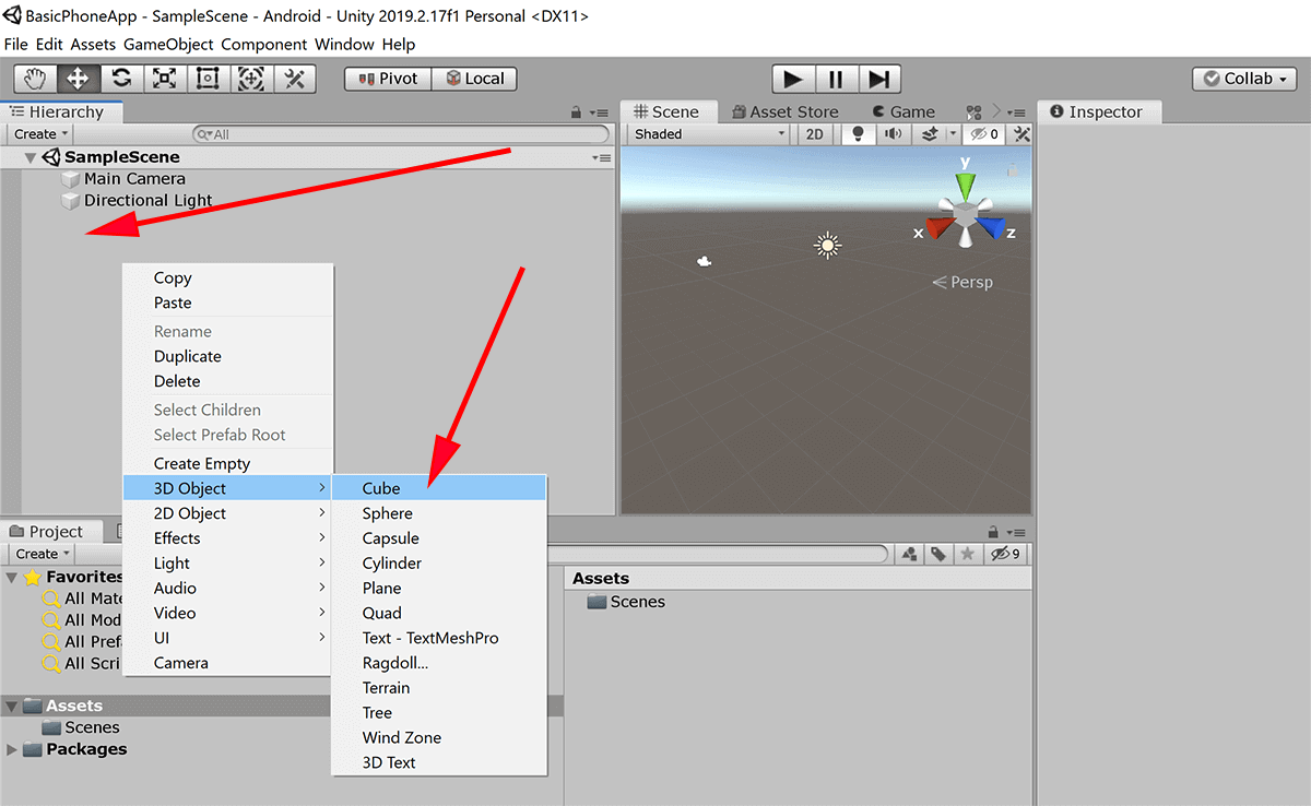 screenshot of Unity adding a cube