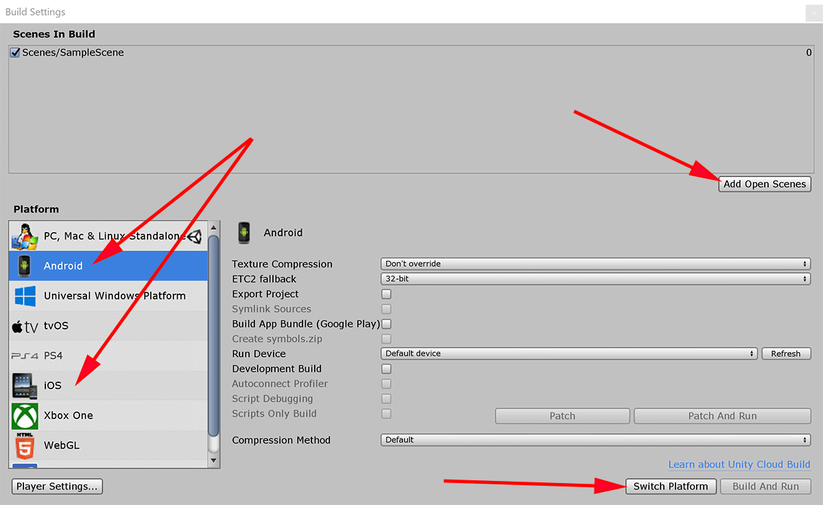 screenshot of Unity build settings