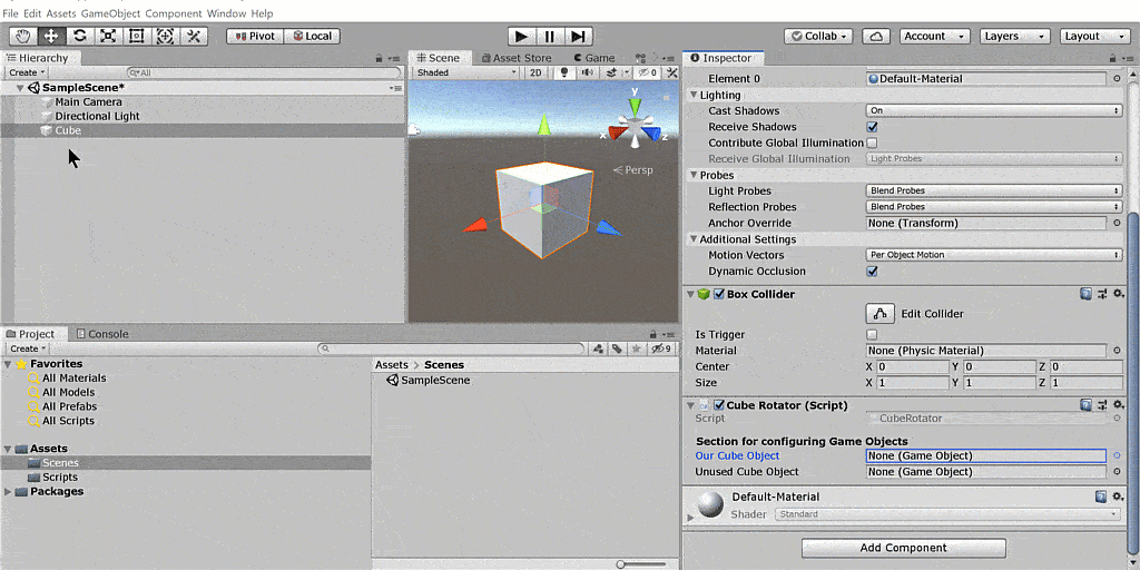 animated gif showing where to drag and drop objects in unity editor