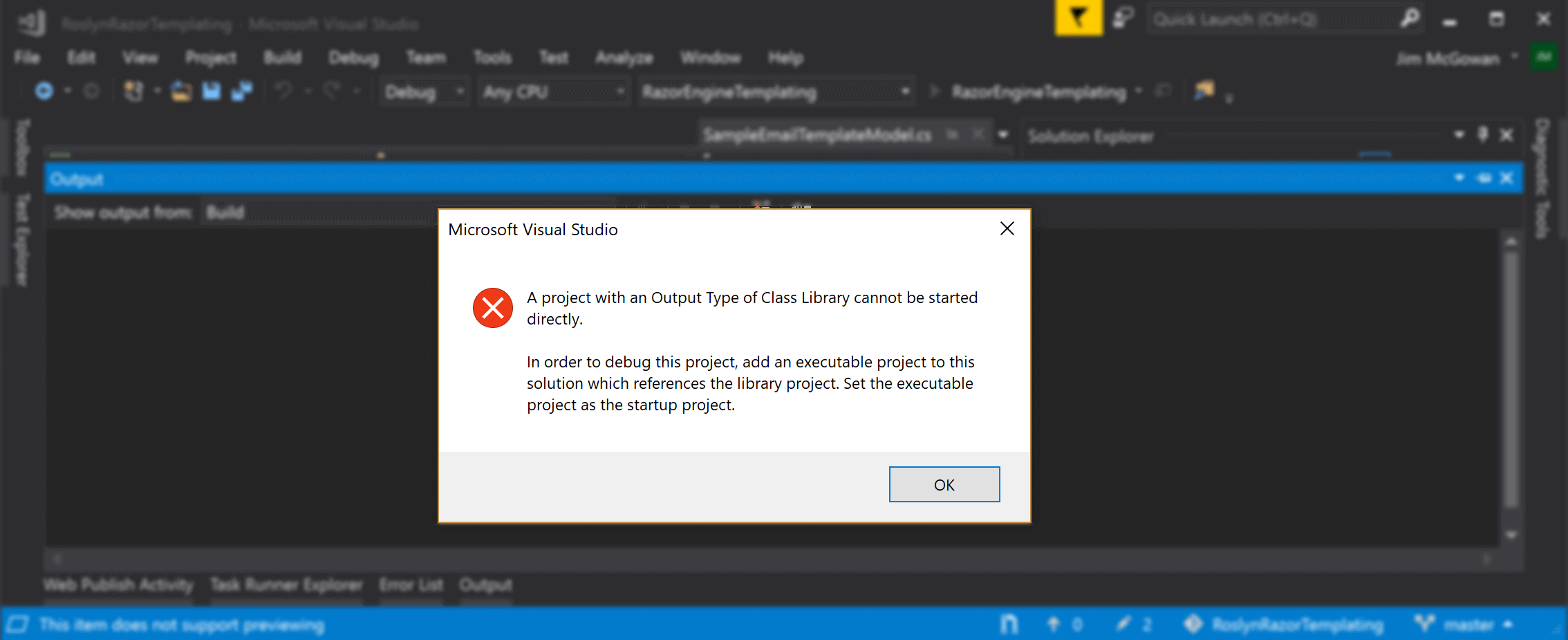 image showing startup project error