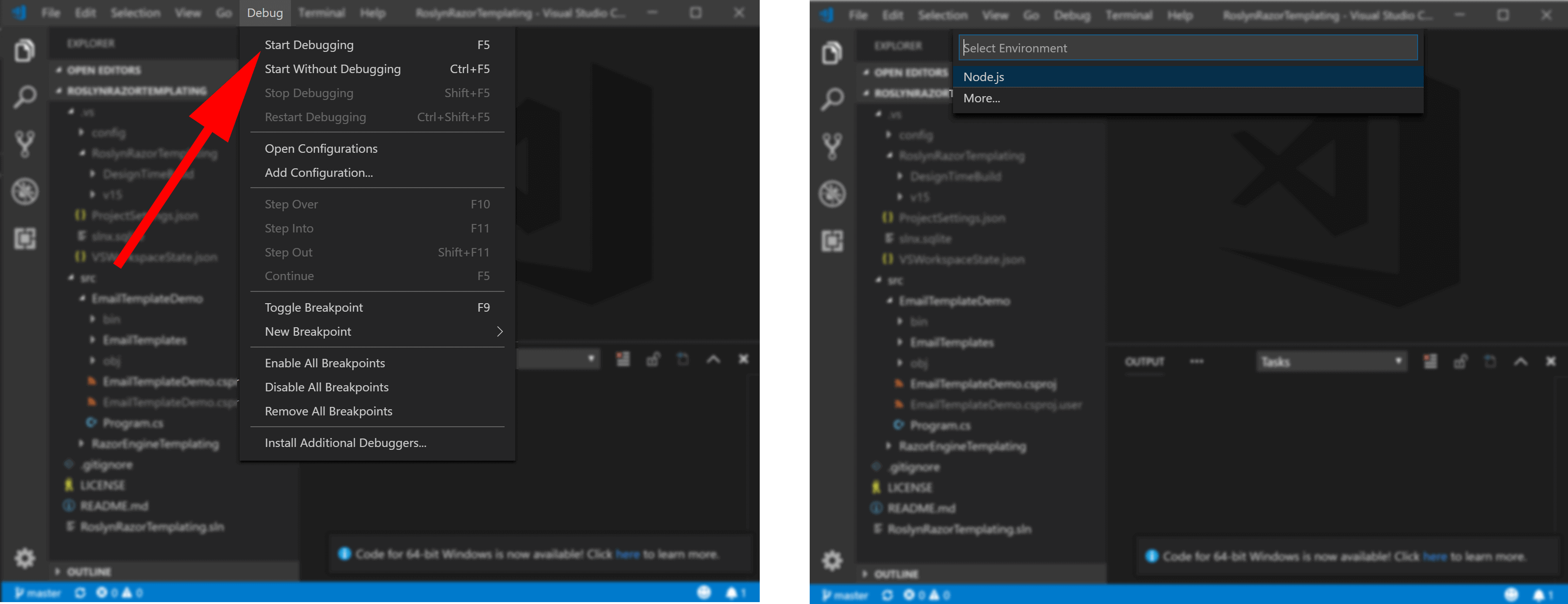 image showing how to start VS Code debugger